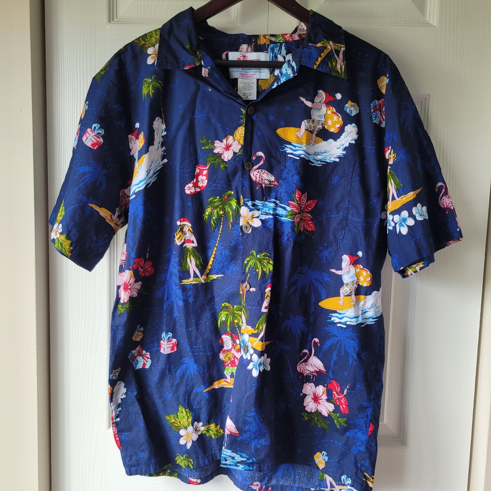 Navy Hawaiian Christmas Holiday Shirt Santa Palm Tree Mens M